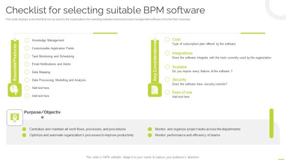 Effective BPM Tool For Business Process Management Checklist For Selecting Suitable BPM Software Slides PDF