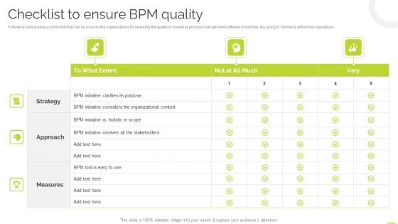 Effective BPM Tool For Business Process Management Checklist To Ensure BPM Quality Slides PDF