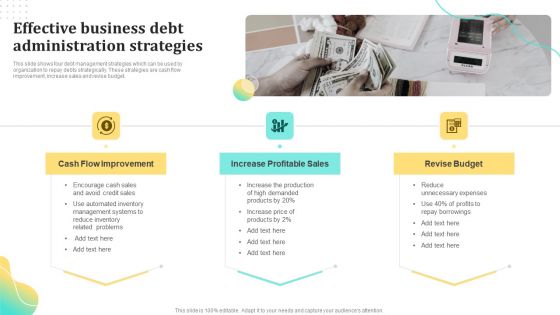 Effective Business Debt Administration Strategies Ppt Infographic Template Design Inspiration PDF