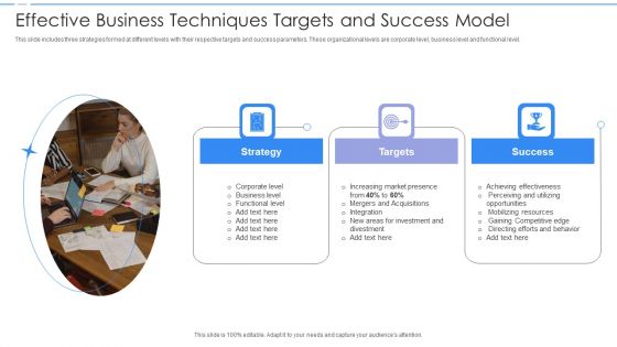 Effective Business Techniques Targets And Success Model Ppt PowerPoint Presentation Styles Infographic Template PDF