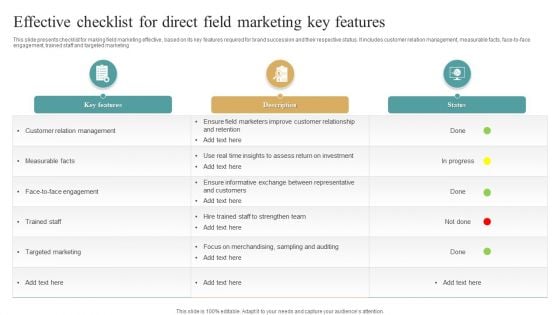 Effective Checklist For Direct Field Marketing Key Features Graphics PDF Effective Checklist For Direct Field Marketing Key Features Graphics PDF
