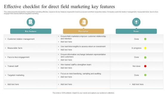 Effective Checklist For Direct Field Marketing Key Features Graphics PDF