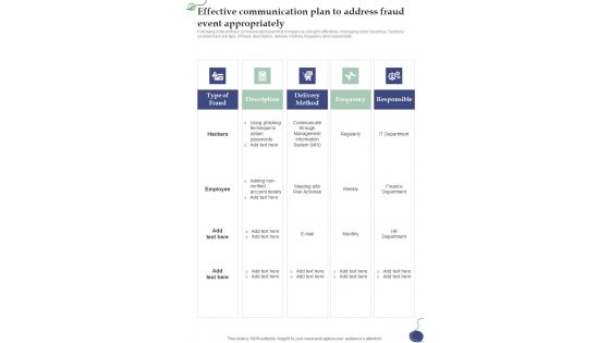 Effective Communication Plan To Address Fraud One Pager Sample Example Document