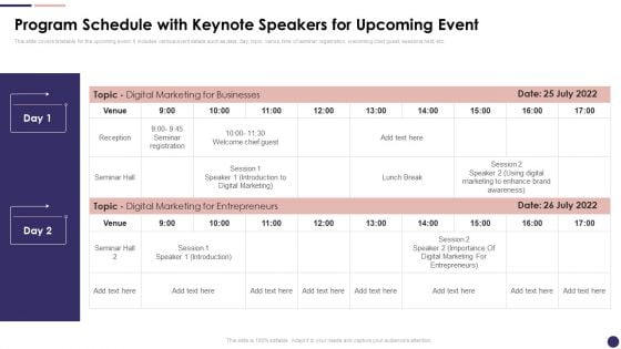 Effective Company Event Communication Plan Program Schedule With Keynote Speakers Professional PDF