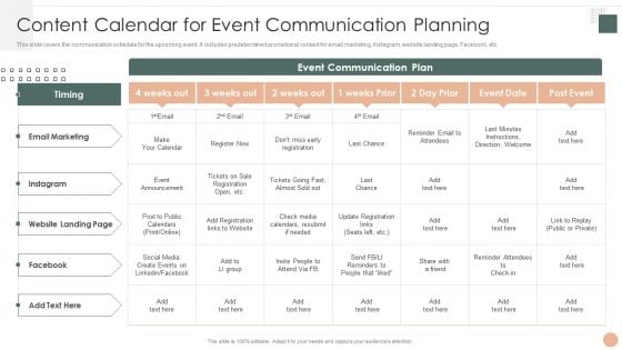 Effective Company Event Communication Tactics Content Calendar For Event Communication Planning Inspiration PDF