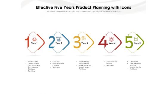 Effective Five Years Product Planning With Icons Ppt PowerPoint Presentation Infographic Template Show PDF