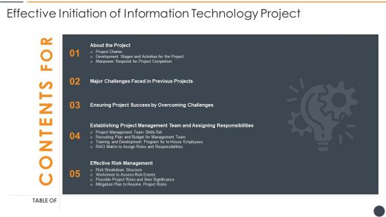 Effective Initiation Of Information Technology Project Table Of Contents Diagrams PDF