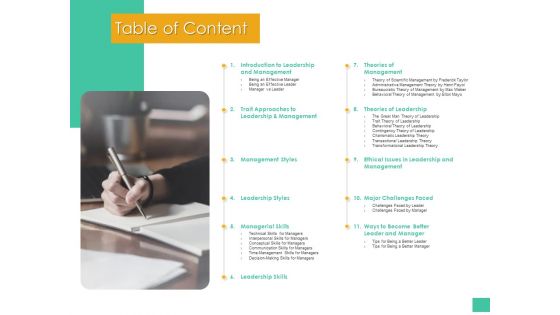 Effective Management Styles For Leaders Table Of Content Formats PDF