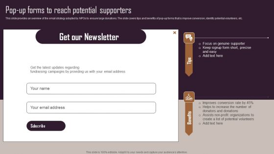 Effective NPO Promotional Strategies For Recruit Volunteers Pop-Up Forms To Reach Potential Supporters Elements PDF