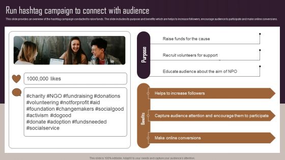 Effective NPO Promotional Strategies For Recruit Volunteers Run Hashtag Campaign To Connect With Audience Background PDF
