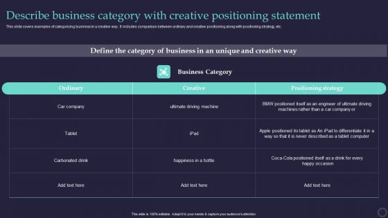 Effective Positioning Strategy Plan Describe Business Category With Creative Inspiration PDF