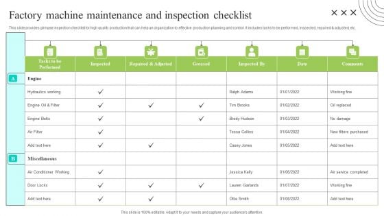 Effective Production Planning And Monitoring Techniques Factory Machine Maintenance And Inspection Checklist Demonstration PDF