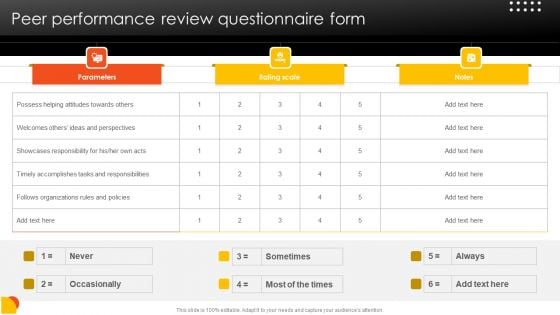 Effective Staff Performance Optimization Techniques Peer Performance Review Questionnaire Form Clipart PDF Effective Staff Performance Optimization Techniques Peer Performance Review Questionnaire Form Clipart PDF