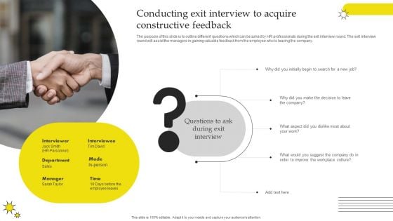 Effective Strategies For Retaining Healthcare Staff Conducting Exit Interview To Acquire Constructive Feedback Infographics PDF