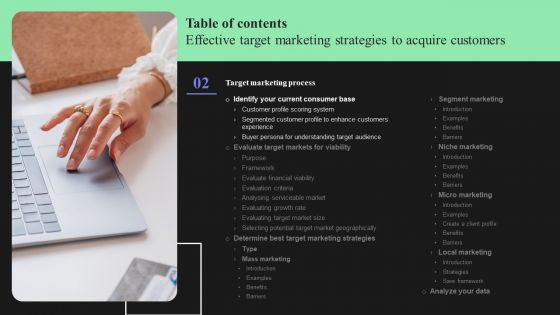 Effective Target Marketing Strategies To Acquire Customers Table Of Contents Infographics PDF