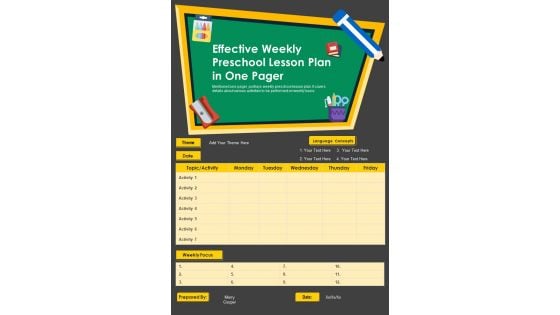 Effective Weekly Preschool Lesson Plan In One Pager PDF Document PPT Template