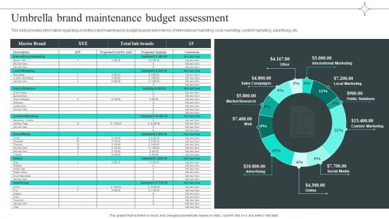Efficient Administration Of Product Business And Umbrella Branding Umbrella Brand Maintenance Budget Assessment Icons PDF