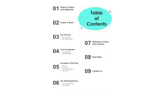 Efficient Business Development Methods Proposal Table Of Contents One Pager Sample Example Document