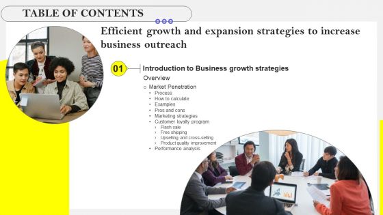 Efficient Growth And Expansion Strategies To Increase Business Outreach Table Of Contents Elements PDF