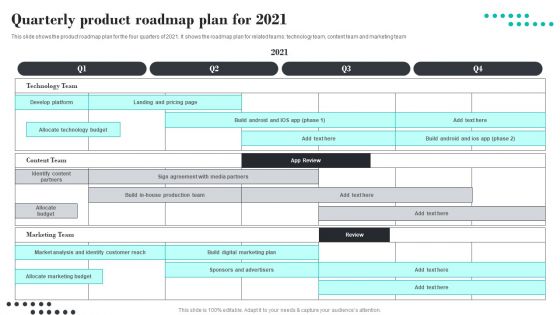 Efficient Product Marketing Techniques Quarterly Product Roadmap Plan For 2021 Slides PDF