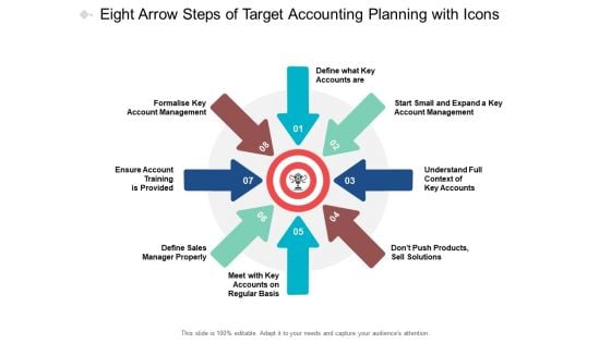 Eight Arrow Steps Of Target Accounting Planning With Icons Ppt PowerPoint Presentation Slides Samples Cpb