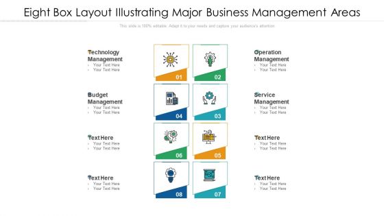 Eight Box Layout Illustrating Major Business Management Areas Ppt PowerPoint Presentation File Mockup PDF