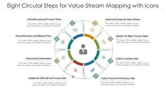 Eight Circular Steps For Value Stream Mapping With Icons Ppt PowerPoint Presentation File Information PDF