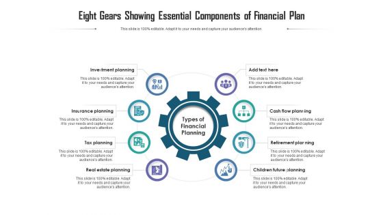 Eight Gears Showing Essential Components Of Financial Plan Ppt PowerPoint Presentation Gallery Microsoft PDF