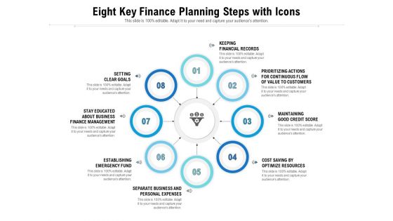 Eight Key Finance Planning Steps With Icons Ppt PowerPoint Presentation File Graphics Template PDF