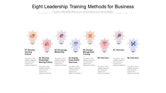 Eight Leadership Training Methods For Business Ppt PowerPoint Presentation Infographic Template Summary PDF