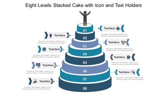 Eight Levels Stacked Cake With Icon And Text Holders Ppt PowerPoint Presentation Inspiration Objects PDF