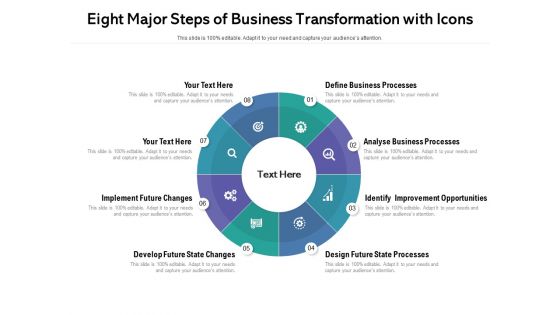 Eight Major Steps Of Business Transformation With Icons Ppt PowerPoint Presentation File Sample PDF