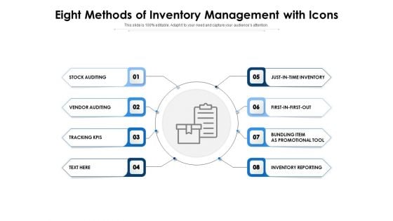 Eight Methods Of Inventory Management With Icons Ppt PowerPoint Presentation File Templates PDF