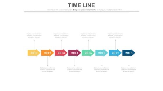 Eight Staged Linear Timeline With Years Powerpoint Slides