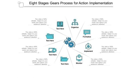 eight stages gears process for action implementation ppt powerpoint presentation ideas samples