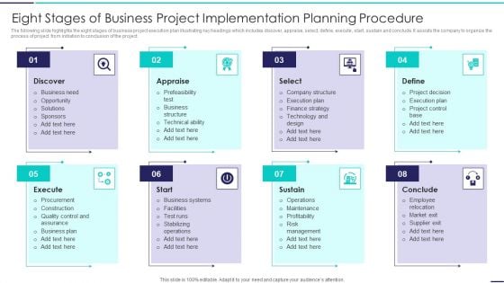 Eight Stages Of Business Project Implementation Planning Procedure Brochure PDF