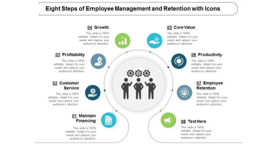 Eight Steps Of Employee Management And Retention With Icons Ppt Powerpoint Presentation Visual Aids Example 2015