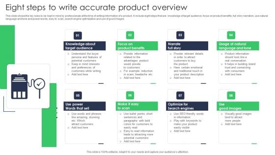 Eight Steps To Write Accurate Product Overview Icons PDF