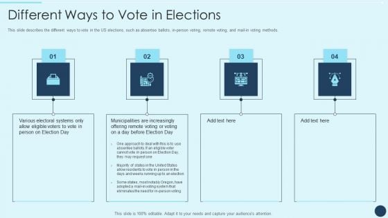 Electoral Mechanism IT Different Ways To Vote In Elections Ppt Icon Background Image PDF
