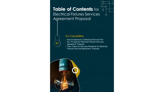 Electrical Fixtures Services Agreement Proposal Table Of Contents One Pager Sample Example Document Electrical Fixtures Services Agreement Proposal Table Of Contents One Pager Sample Example Document