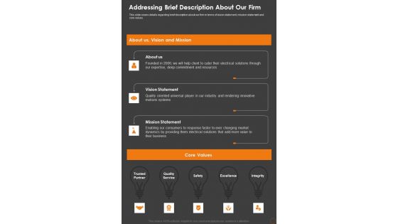 Electrical Services Bid Proposal Addressing Brief Description About Our Firm One Pager Sample Example Document