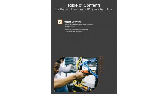 Electrical Services Bid Proposal Template Table Of Contents One Pager Sample Example Document Electrical Services Bid Proposal Template Table Of Contents One Pager Sample Example Document