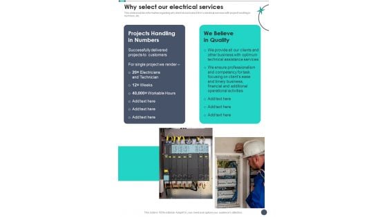 Electrical Services Contractual Bid Why Select Our Electrical Services One Pager Sample Example Document