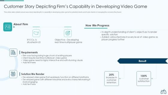 Electronic Game Pitch Deck Customer Story Depicting Firms Capability In Developing Video Game Guidelines PDF