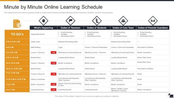 Electronic Learning Playbook Minute By Minute Online Learning Schedule Icons PDF