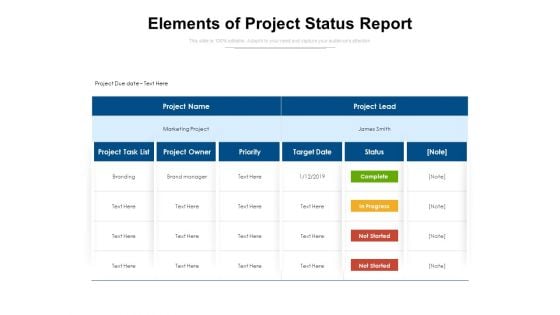 Elements Of Project Status Report Ppt PowerPoint Presentation Inspiration Objects PDF