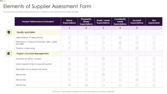 Elements Of Supplier Assessment Form Slides PDF