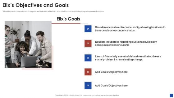 Elix Incubator Venture Capital Funding Elixs Objectives And Goals Ppt Styles Summary PDF