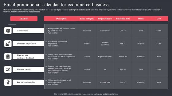 Email Promotional Calendar For Ecommerce Business Elements PDF