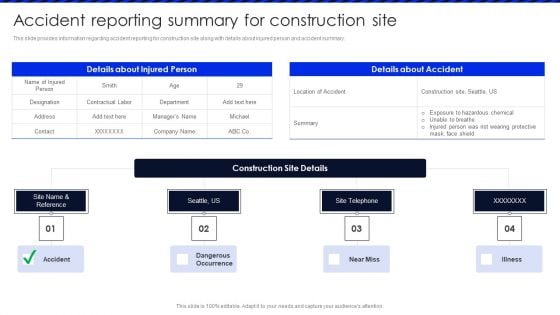 Embracing Construction Project Playbook Accident Reporting Summary For Construction Background PDF